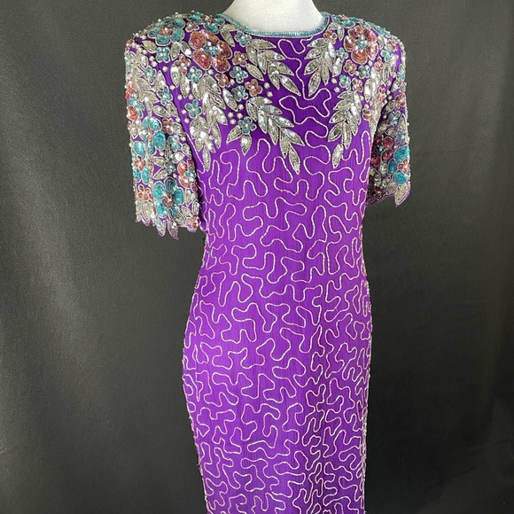 Purple vintage silk dress with hand beading - Picture 5 of 8